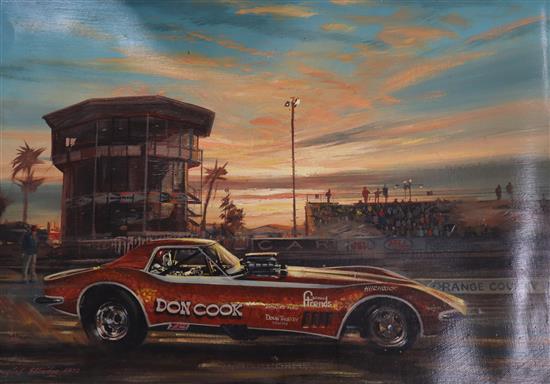 Douglas Ettridge, oil on canvas, Dom Cook Chevy Corvette Dragster at Orange County